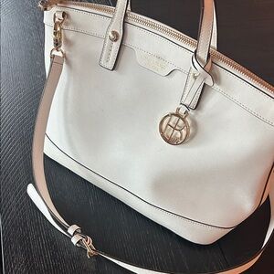 NWOT Henri Bendel Saffiano Leather White Bag with Gold Accents and Satin Lining